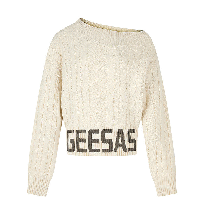 Women's short braid knit sweater with wide boat neckline and distinctive logo waistband Mune Fashion