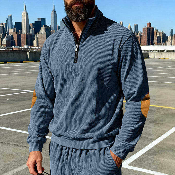 Men's cord structure half-zip pullover in relaxed fit with stand-up collar and elbow patch Mune Fashion