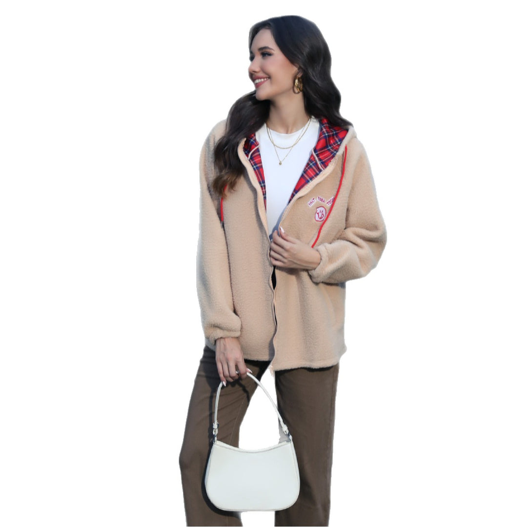 Women's Teddy-Fleece Hooded Jacket with Checked Lining and Zipper Mune Fashion