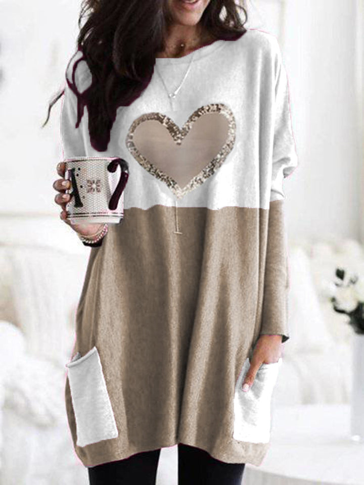 Women's Oversized Long Sweater Tunic with Sequin Heart and Patch Pockets Mune Fashion