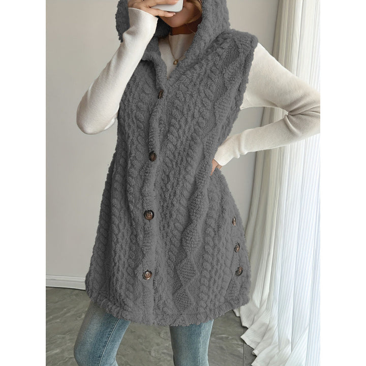 Women's Hooded Teddy Vest with Structured Cable Knit Pattern and Decorative Button Placket Mune Fashion
