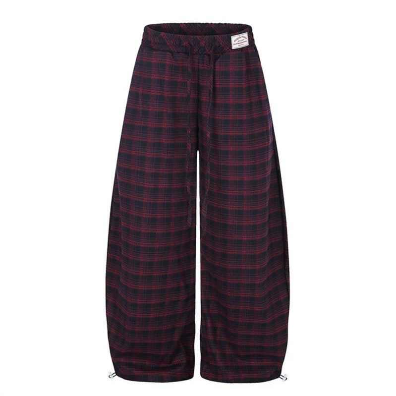 Women Checked Palazzo Pants in Loungewear Style with Wide Leg, Elastic Waistband and Drawstring