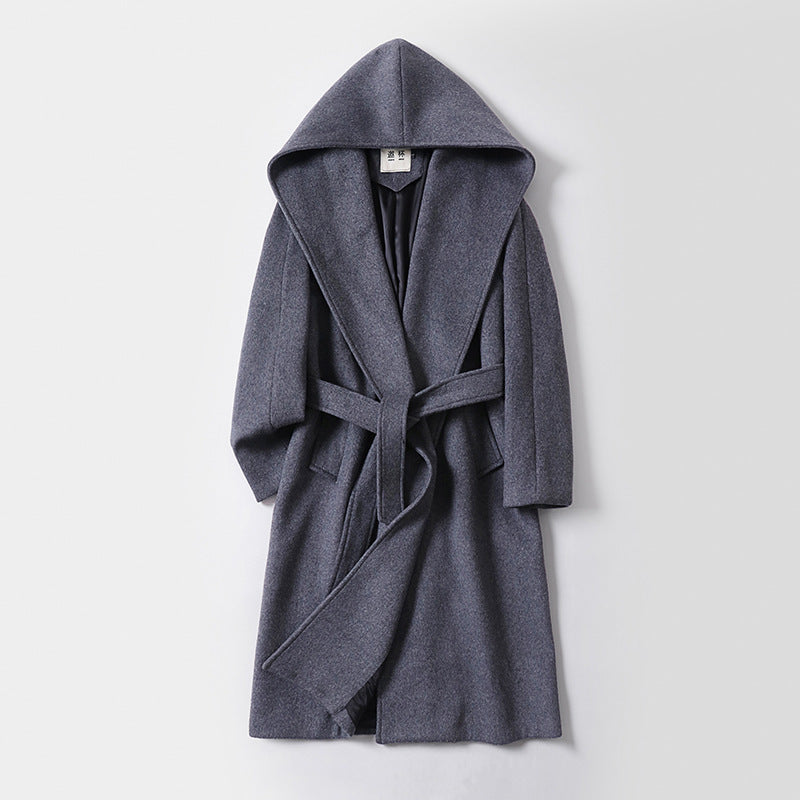 Women's Maxi Coat with Oversized Hood, Tie Belt and Minimalist Wool Blend Silhouette Mune Fashion