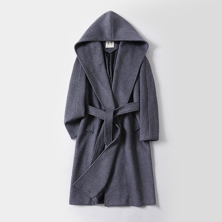Women's Maxi Coat with Oversized Hood, Tie Belt and Minimalist Wool Blend Silhouette Mune Fashion