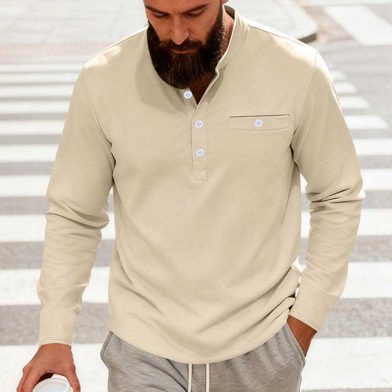 Men's Casual Henley Long Sleeve Shirt with Stand-Up Collar, Chest Pocket, and Curved Hem Mune Fashion