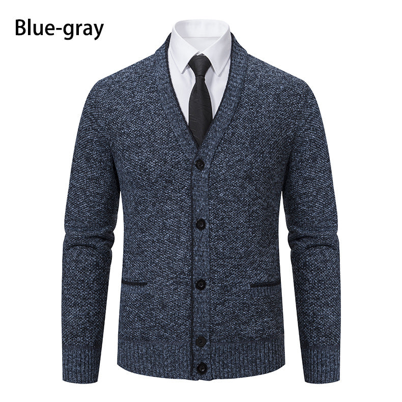 Men's knitted cardigan with melange structure, V-neck, contrast edges, and patch pockets Mune Fashion