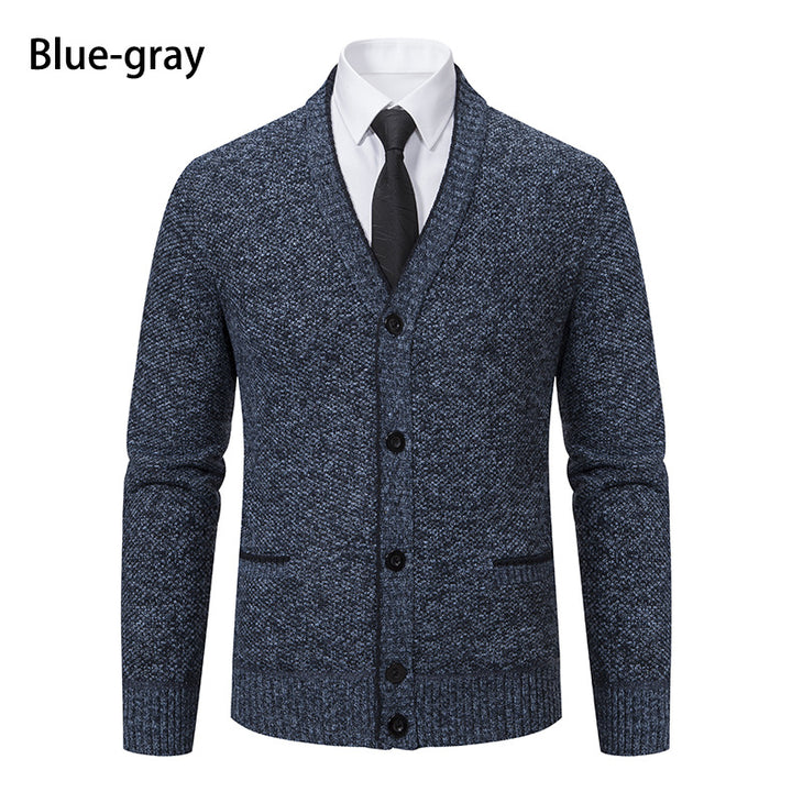 Men's knitted cardigan with melange structure, V-neck, contrast edges, and patch pockets Mune Fashion