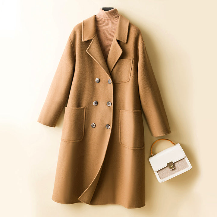 Women's Oversized Double-Breasted Wool Blend Coat with Patch Pockets Mune Fashion