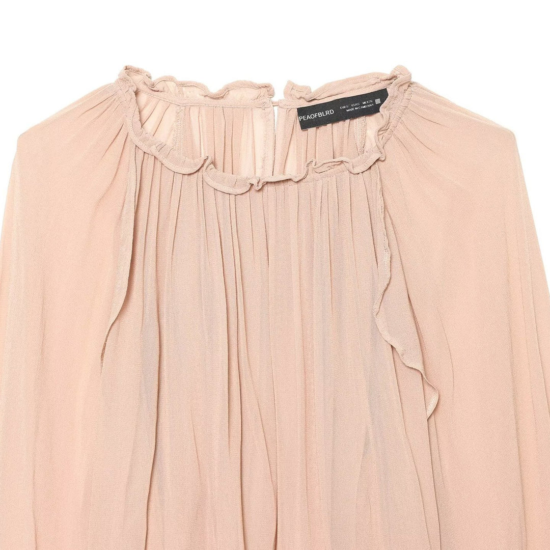 Women Pleated Chiffon Blouse with Ruffled Collar and Balloon Sleeves Mune Fashion