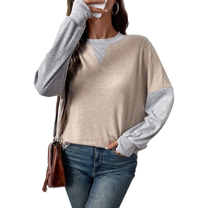Women's Two-Tone Oversized Long Sleeve Sweater with Contrast Sleeves and V-Seam Mune Fashion