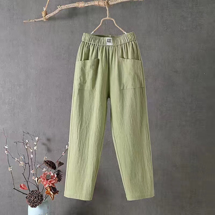 Ladies casual linen blend trousers with elastic waistband, straight leg, and large patch pockets Mune Fashion