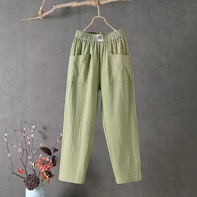 Ladies casual linen blend trousers with elastic waistband, straight leg, and large patch pockets Mune Fashion