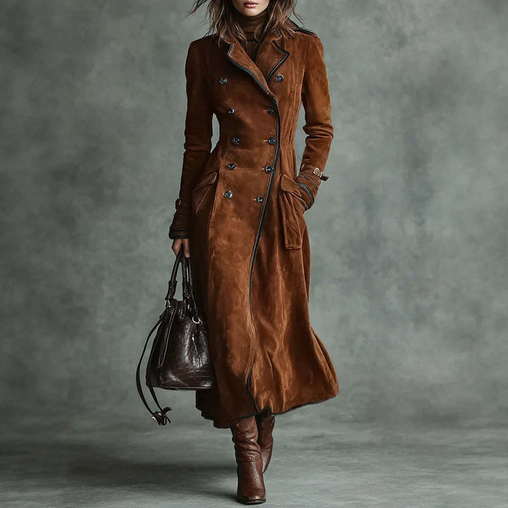 Women Longer Tailored Trench Coat in Suede Look with Double-Breasted Button Placket and Buckle Cuffs Mune Fashion