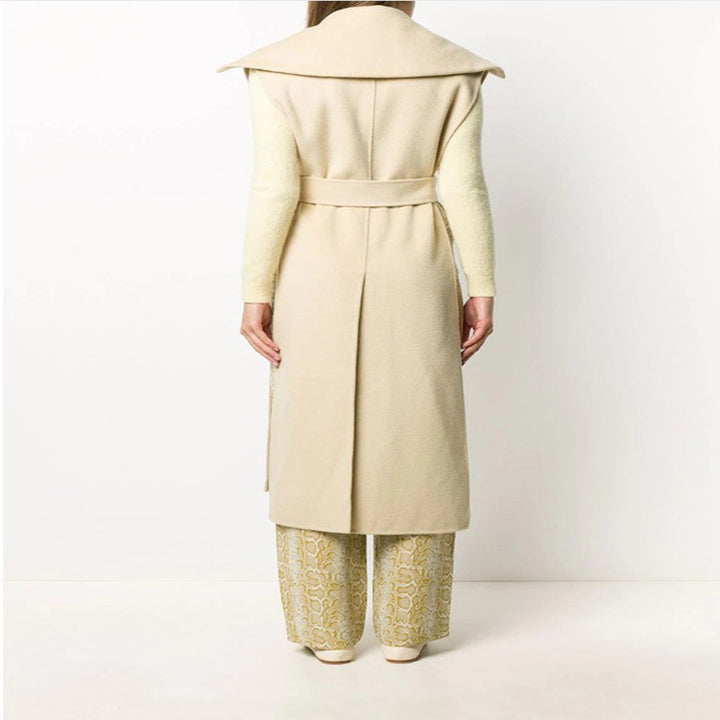Women's sleeveless tailored wool blend gilet with wide shawl collar and belted tie Mune Fashion