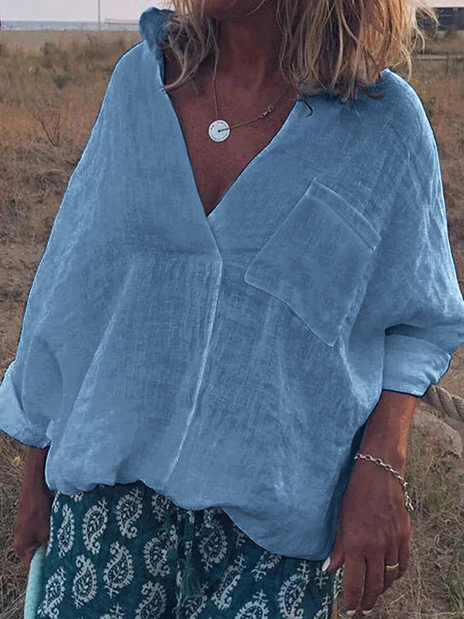 Women Oversized Linen Look Blouse with Deep V-Neck, Patch Chest Pocket and Roll-Up Three-Quarter Sleeves Mune Fashion