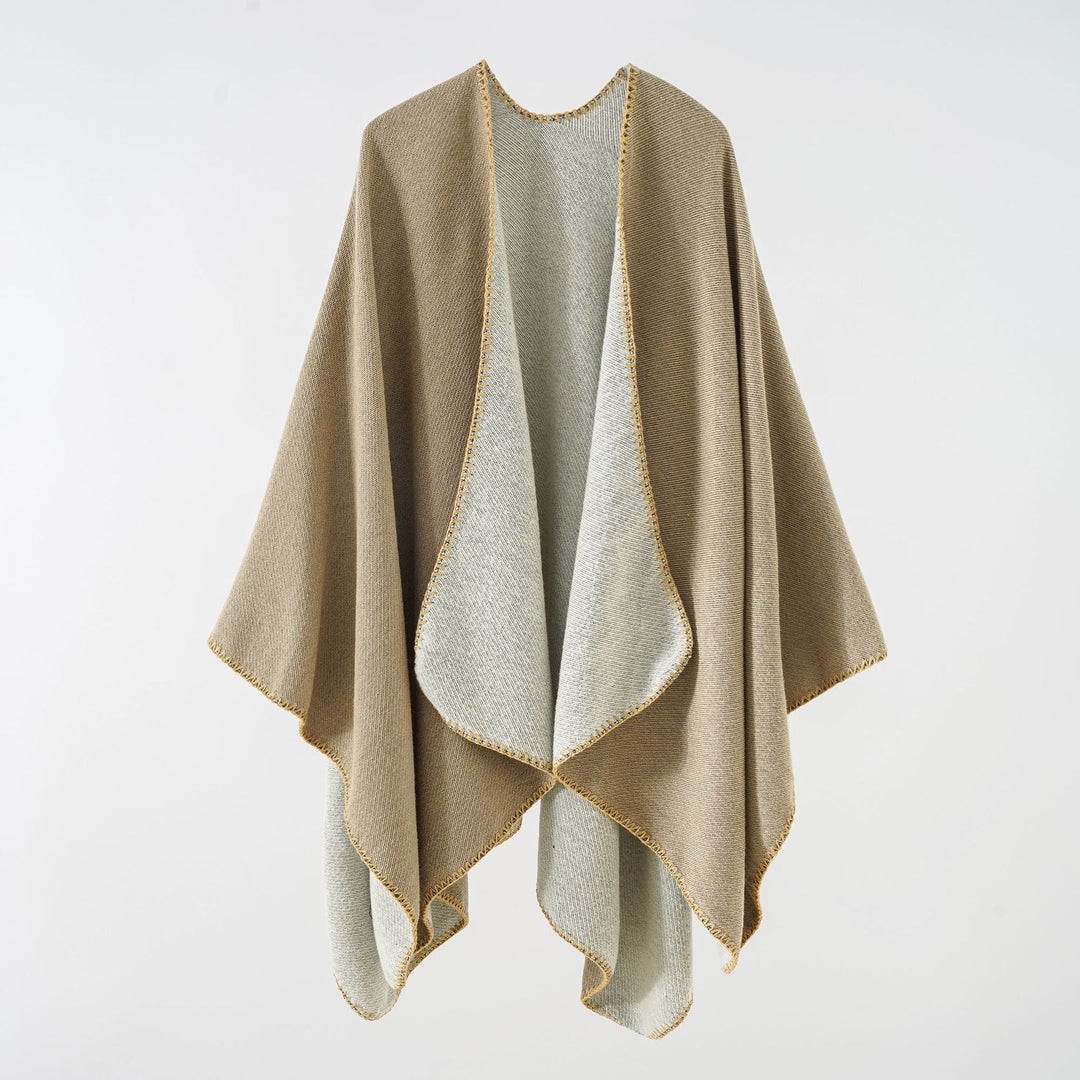 Women's Reversible Knit Poncho with Decorative Chain Stitch and Oversized Fit