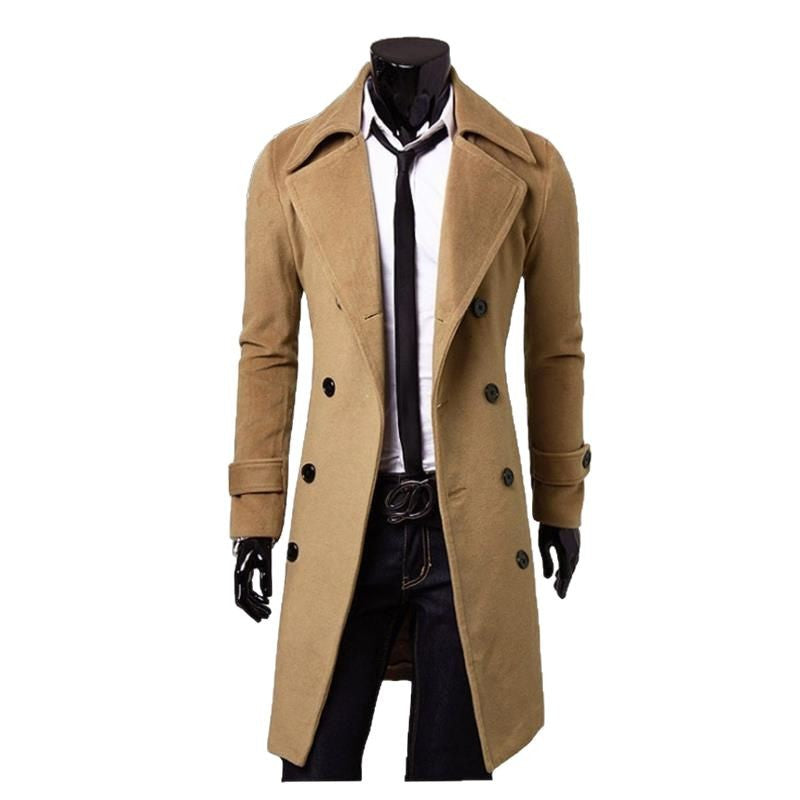 Men's tailored double-breasted trench coat made of wool blend with classic lapels and back vent Mune Fashion