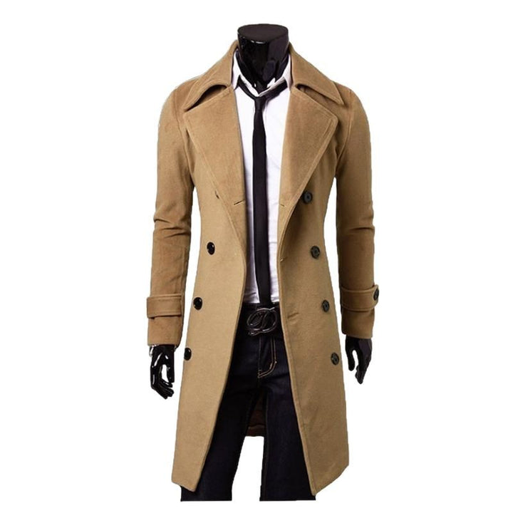 Men's tailored double-breasted trench coat made of wool blend with classic lapels and back vent Mune Fashion