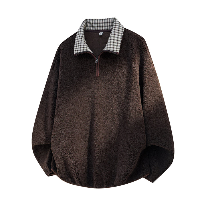 Men's Oversized Sherpa Fleece Pullover with Half Zip and Checked Collar Mune Fashion