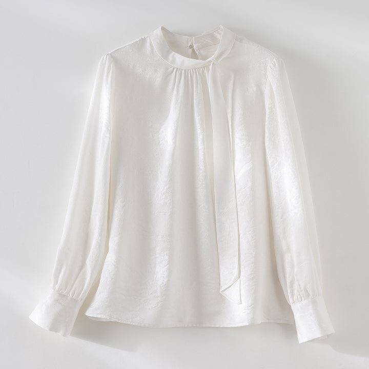 Women Elegant Satin Blouse with Knot and Fine Jacquard Structure Mune Fashion