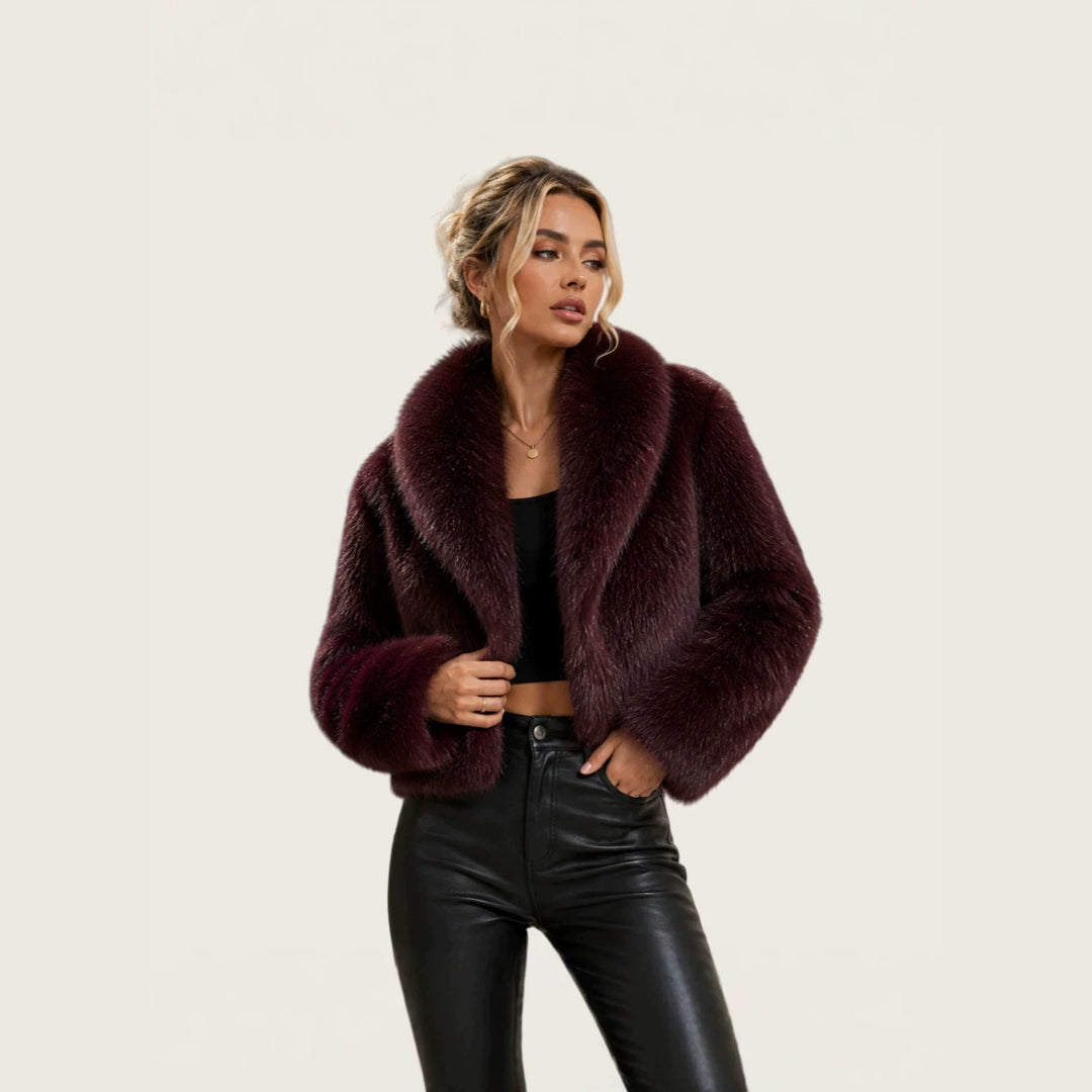 Ladies short cut luxury faux fur bolero with voluminous shawl collar Mune Fashion