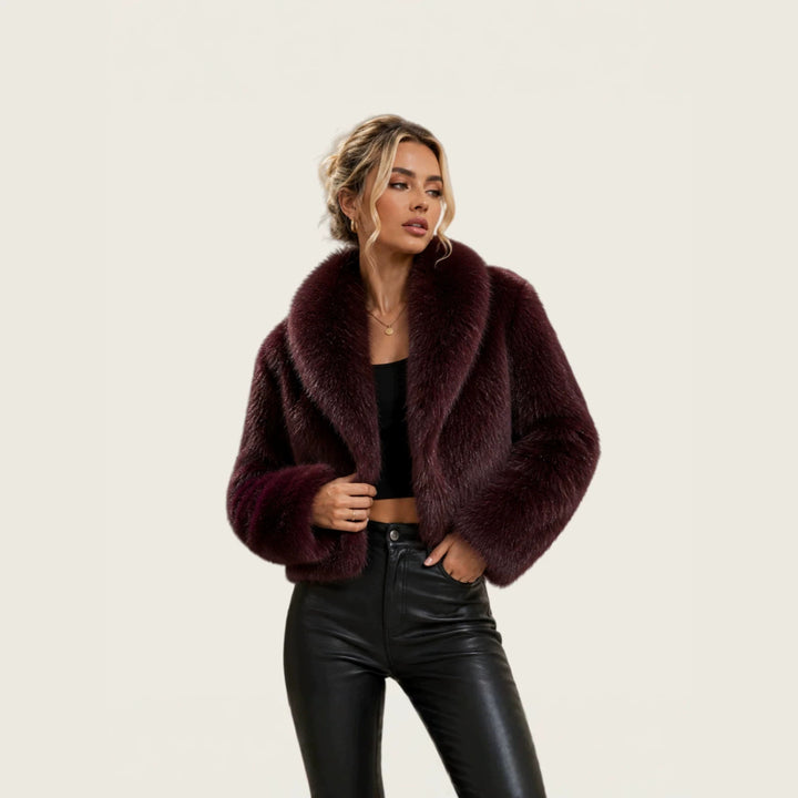 Ladies short cut luxury faux fur bolero with voluminous shawl collar Mune Fashion