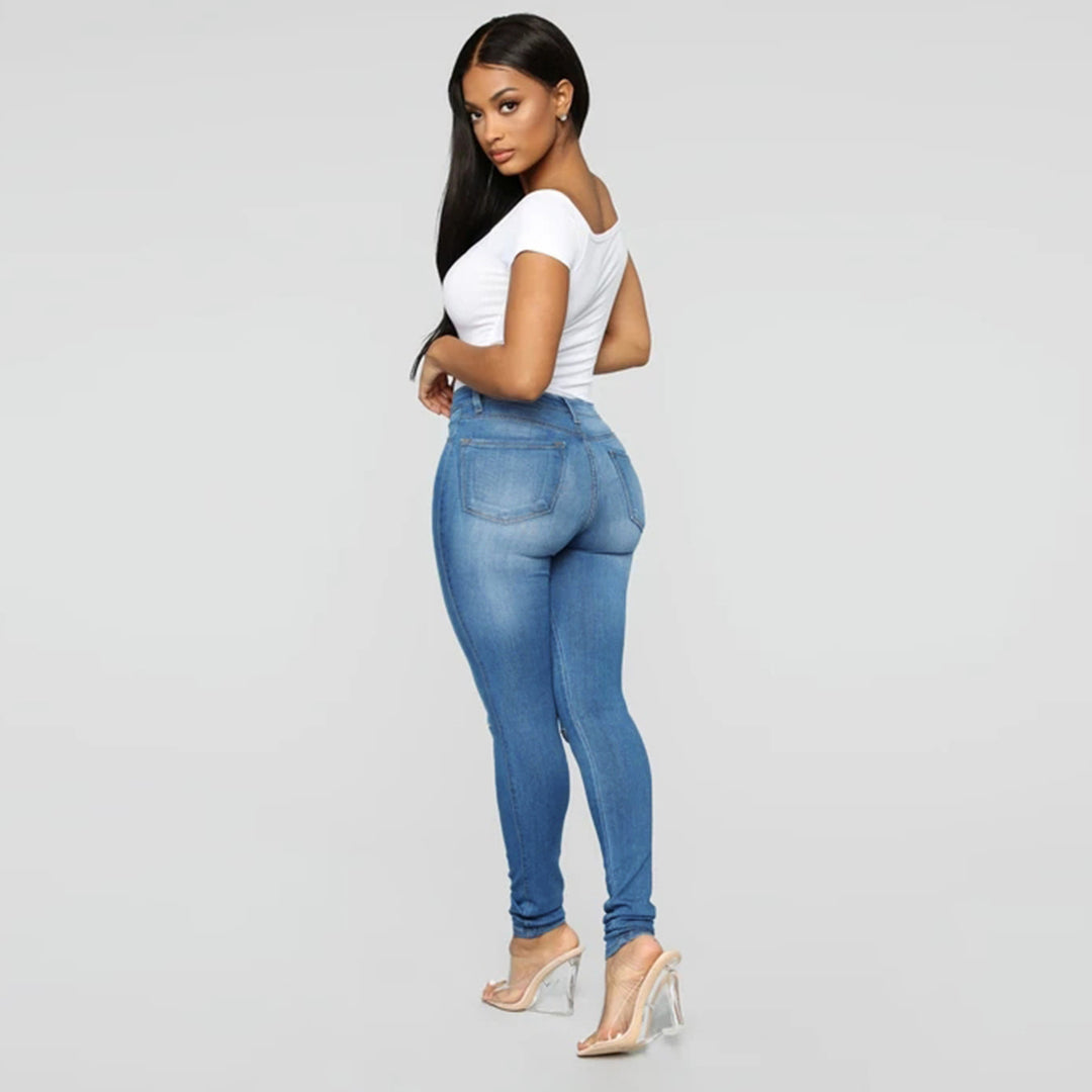 Women's High-Waist Skinny Jeans with Knee Rips and Figure-Flattering Cut Mune Fashion