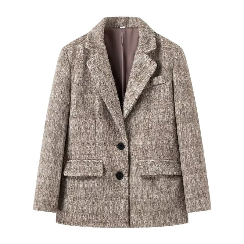 Women's Boxy Wool Blend Blazer Coat with Boucle Structure, Notched Lapel and Flap Pockets Mune Fashion