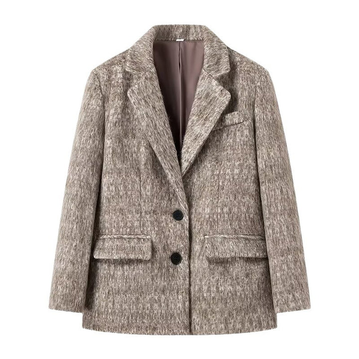 Women's Boxy Wool Blend Blazer Coat with Boucle Structure, Notched Lapel and Flap Pockets Mune Fashion