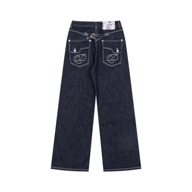 Women Loose High-Waist Jeans in Palazzo Cut with Decorative Stitching and Floral Pocket Lining Mune Fashion