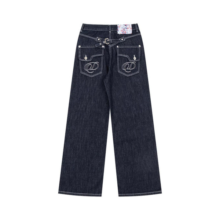 Women Loose High-Waist Jeans in Palazzo Cut with Decorative Stitching and Floral Pocket Lining Mune Fashion