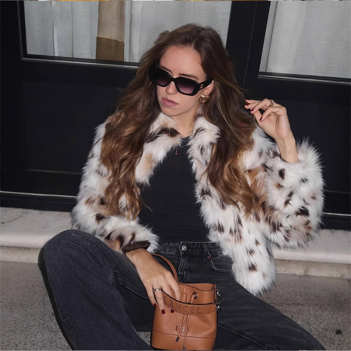 Women Cropped Faux Fur Jacket in Spot Pattern with Boxy Silhouette and Extra Soft High Pile Mune Fashion
