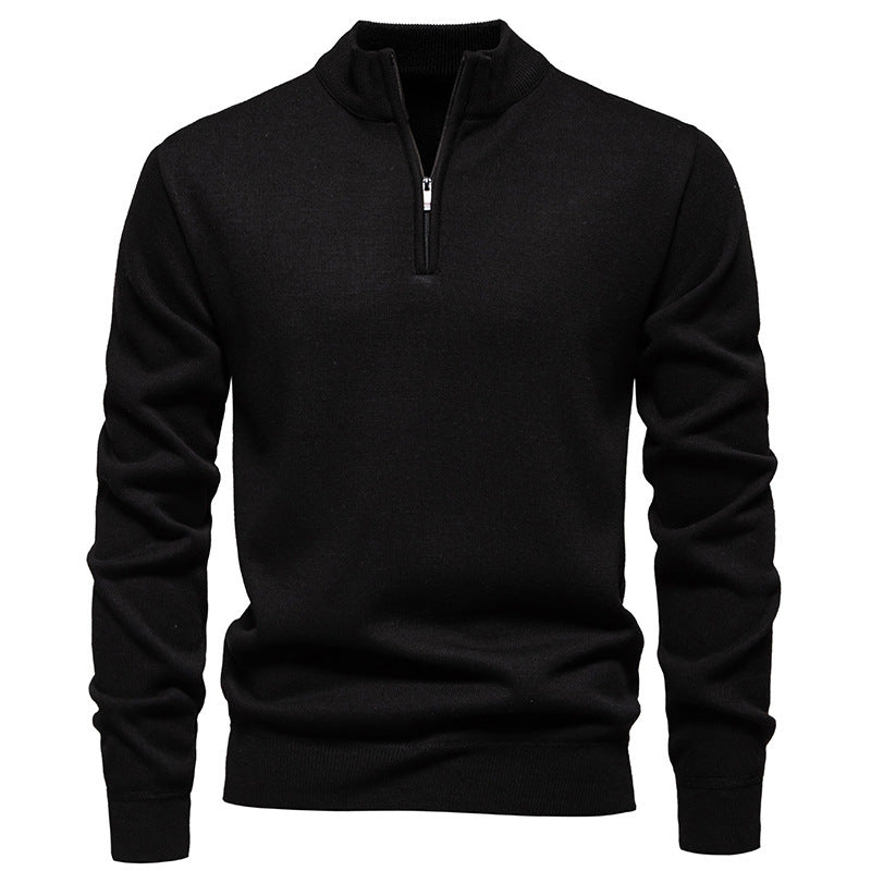 Men's Slim-Fit Fine Knit Sweater with Short Zipper, Stand Collar and Ribbed Hem Mune Fashion