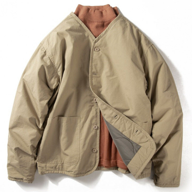 Men's light quilted collarless transitional jacket with button placket and patch pockets Mune Fashion