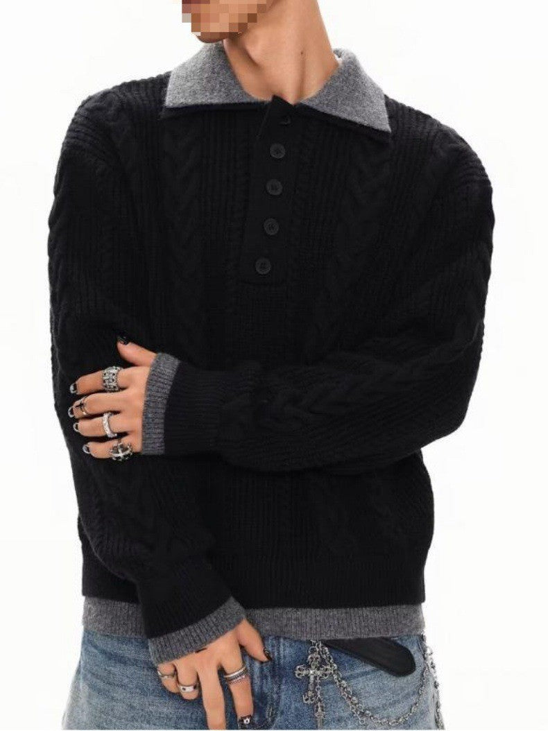 Men's Fashionable Chunky Knit Sweater with Polo Collar Mune Fashion
