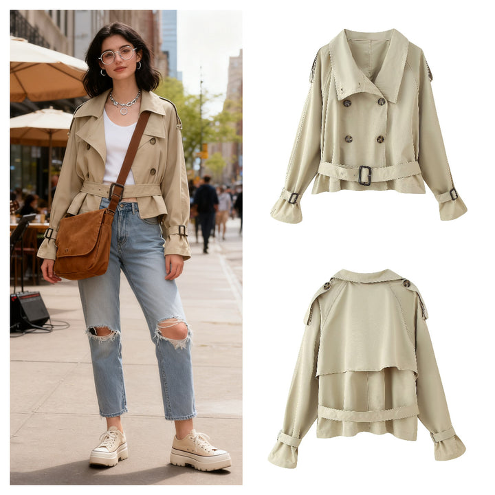 Women's short trench coat in boxy cut with double-breasted and belted waist Mune Fashion
