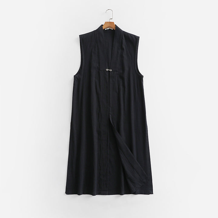 Women's Long Sleeveless Kimono Vest made of Linen Blend with Narrow Shawl Collar and Decorative Toggle Closure Mune Fashion