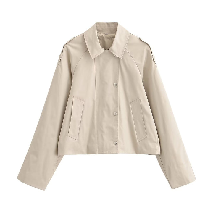 Women's Cropped Trench Coat in Boxy Cut with Epaulettes and Snap Buttons Mune Fashion