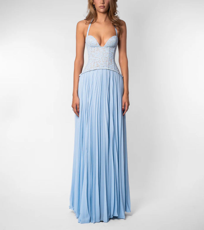 Ladies' elegant evening dress with lace corset and pleated maxi skirt Mune Fashion