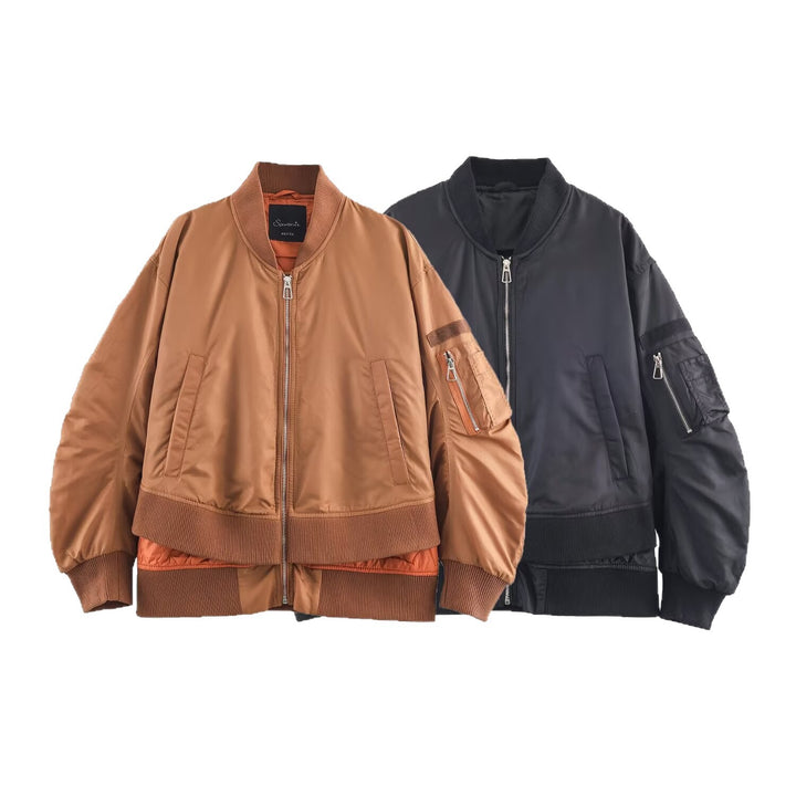 Women's Oversize Bomber Jacket with padded quilted lining, sleeve zip pocket and wide ribbed cuff Mune Fashion