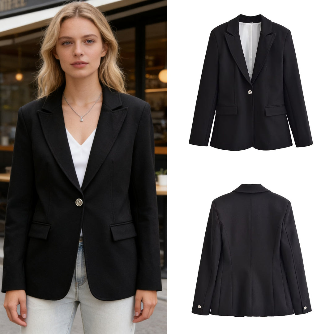 Women's Longer Tailored Single-Button Blazer with Narrow Lapels and Flap Pockets Mune Fashion
