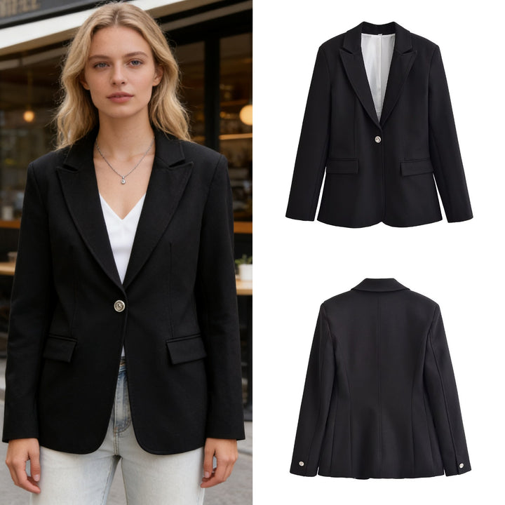Women's Longer Tailored Single-Button Blazer with Narrow Lapels and Flap Pockets Mune Fashion
