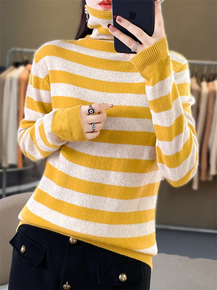 Women's Casual Striped Turtleneck Sweater made of Wool Blend with Relaxed Fit Mune Fashion
