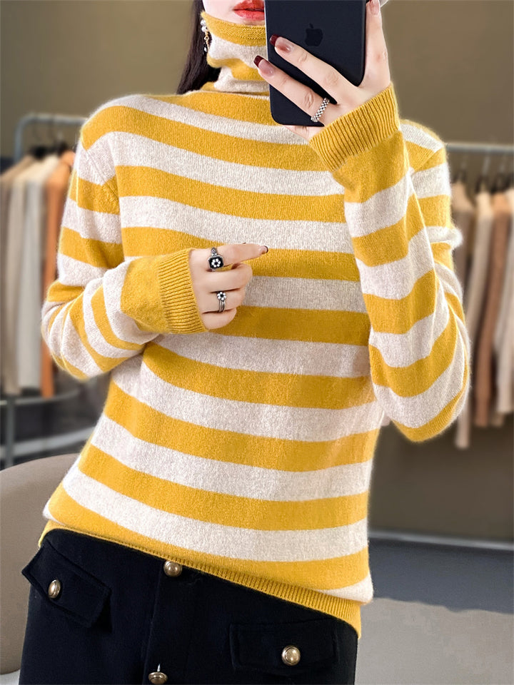 Women's Casual Striped Turtleneck Sweater made of Wool Blend with Relaxed Fit Mune Fashion