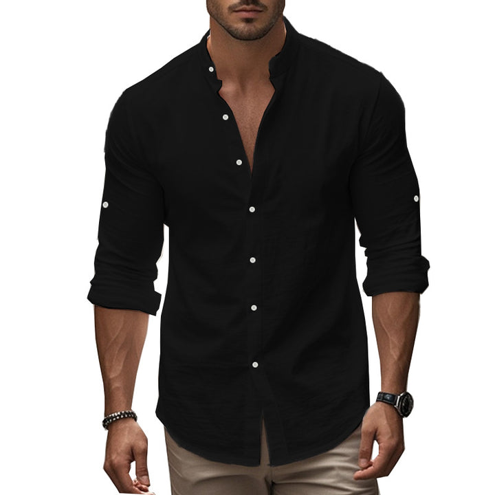 Men's casual linen shirt with standing collar, full button placket and roll-up sleeves Mune Fashion