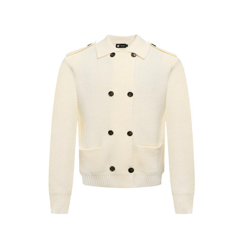 Men's knit double-breasted cardigan with collar, shoulder tabs, and welt pockets Mune Fashion