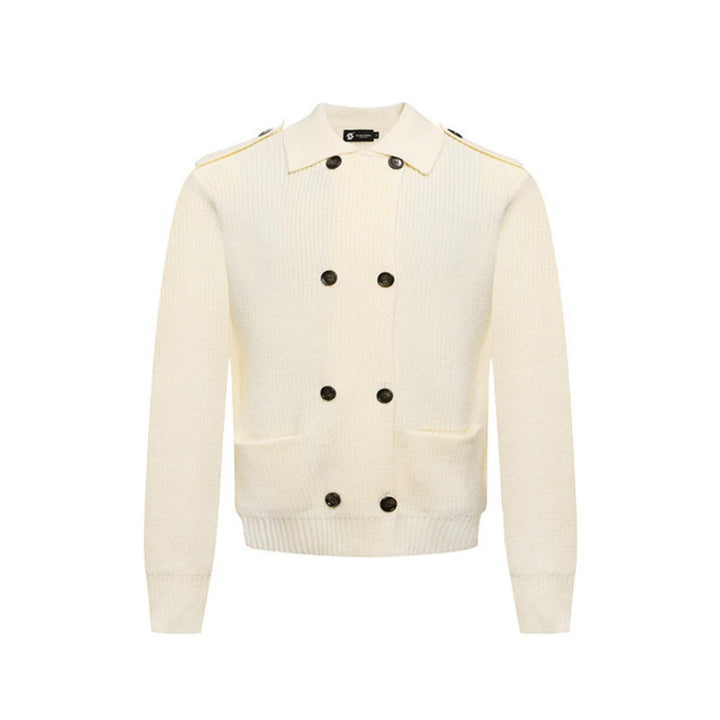 Men's knit double-breasted cardigan with collar, shoulder tabs, and welt pockets Mune Fashion