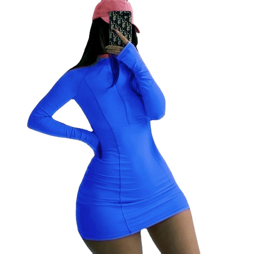 Women’s Fitted Long Sleeve Mini Dress with Stand Collar and Front Zipper Mune Fashion