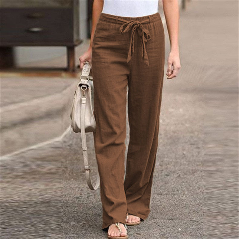 Women's Casual Linen Blend Wide Leg Pants with Drawstring Mune Fashion