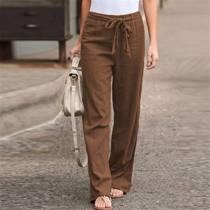 Women's Casual Linen Blend Wide Leg Pants with Drawstring Mune Fashion